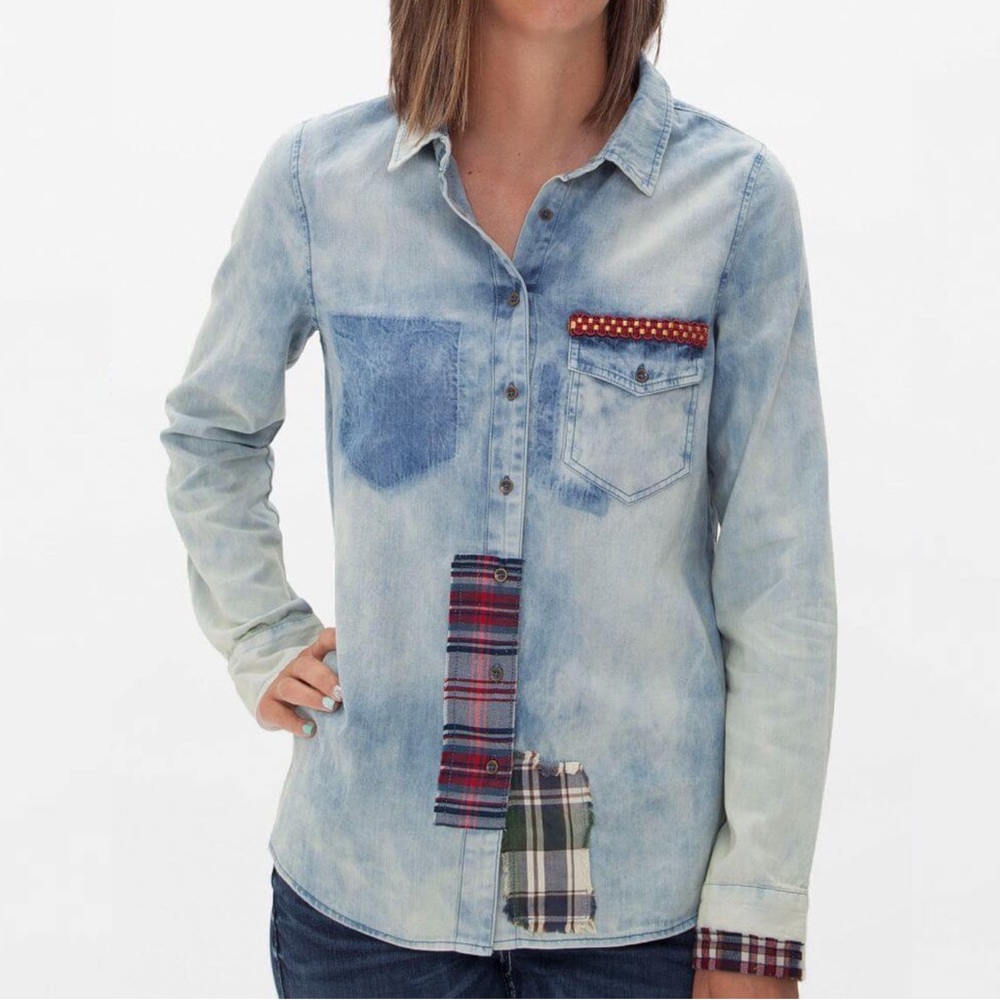 White Crow Buckle Blue Red Flannel Patchwork Button‎ Down Long Sleeve Shirt L - Picture 8 of 9